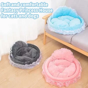 Haustierbett mit Fantasie-Schleife und Spitze, niedliche große Hundebetten, Katzen-Haustiersofa, abnehmbares