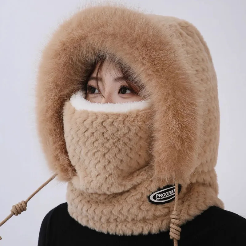 Herbst und Winter Damen Thermo-Plüschmütze, Kapuze, Schal und