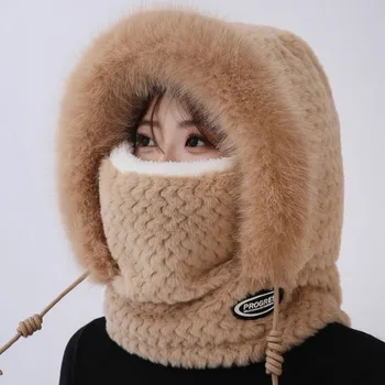Herbst und Winter Damen Thermo-Plüschmütze, Kapuze, Schal und Maske, Gehörschutz, winddicht, dickes Design