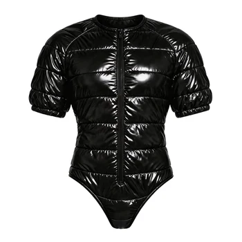 Glänzender, wasserdichter, gepolsterter, gesteppter, exotischer Teddy-Bodysuit für Herren, kurzärmelig