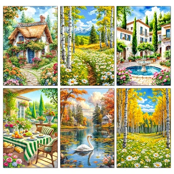 Waldlandschaft Diamant-Malerei-Set, ländliche Landschaft, voller Diamanten, Mosaik, Stickerei, DIY