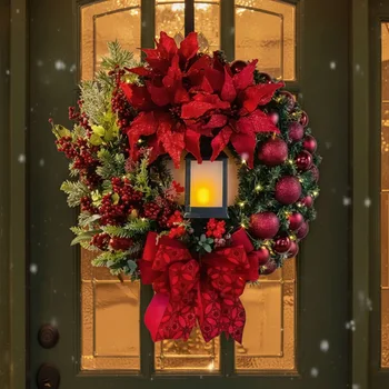 Weihnachtskranz mit LED-Beleuchtung für Haustür, 30cm Rote Kugel-Blumengirlande, Weihnachtsschmuck