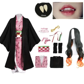Anime Kamado Nezuko Cosplay Kostüm Kimono Cosplay Perücken Haare Halloween Karneval Damen Outfit