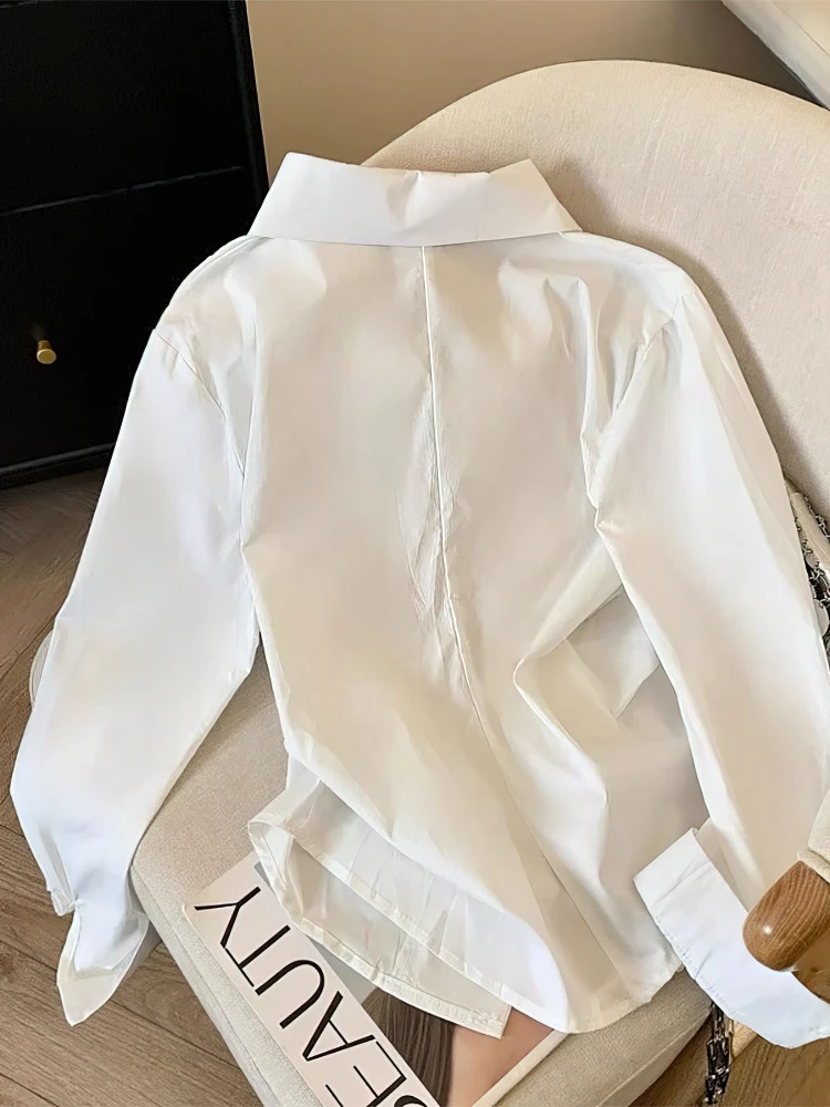 Designer Unregelmäßige Langarm Poloshirt Frauen Tunika Weiß – Bild 5