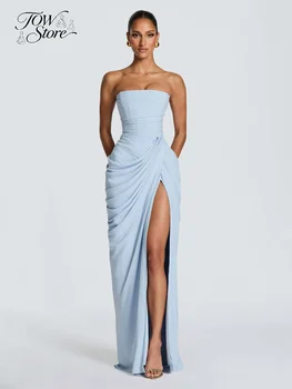 Elegantes Gelbes Trägerloses Plissiertes Kleid für Damen, Schickes Ärmelloses Tailliertes Maxikleid