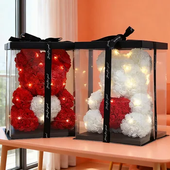 25 cm großer künstlicher Teddybär mit Rosenblüten und Box, romantisches Geschenk zum Muttertag, für Freundin