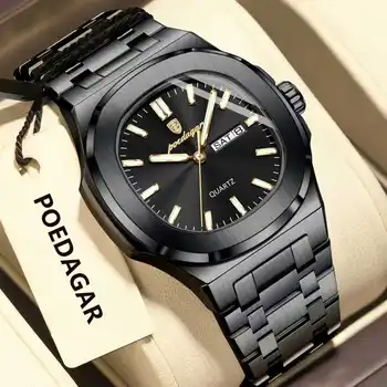 POEDAGAR Luxus Platz herren Uhren Wasserdicht Leucht Datum Woche Männer Uhr Edelstahl Mode Quarz Mann