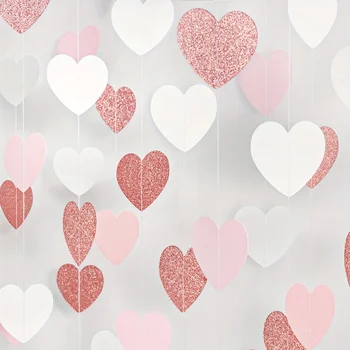 Roségoldene rosa weiße Partydekorationen - Papier-Herz-Luftschlangen-Girlande Galentines