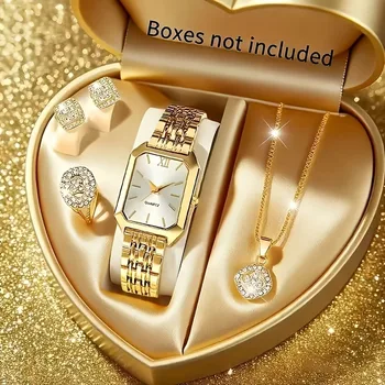 Elegantes rechteckiges Damen-Quarzuhr-Schmuckset mit Strass, modische Damenuhren, Reloj Mujer (5 Stück)