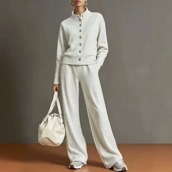 Damen 2-teiliges Outfit, Sweatshirt mit Stehkragen und Knöpfen & Hose mit weitem Bein, einfarbig, langärmelig