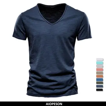 Marke Qualität 100% Baumwolle Männer T-shirt V-ausschnitt Mode Design Slim Fit Soild T-shirts Männlich Tops