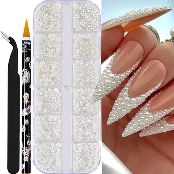 12 Gitter halbrunde Perlen 3D Nagel Charms 1,5/2/2,5/3/4/5 mm weiße Flatback Perlen Nagel Schmuck Nagel