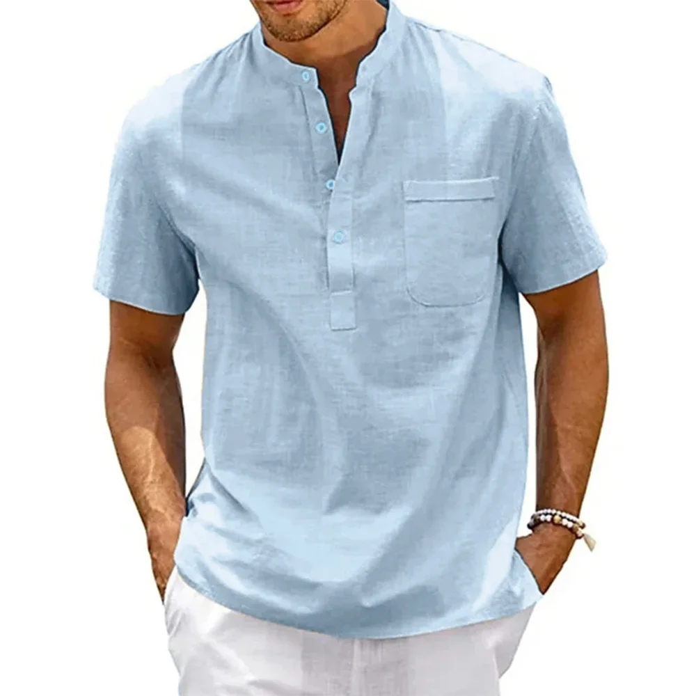 Baumwolle Leinen Hemd Männer Henley Neck Tasche Casual Strand – Bild 4