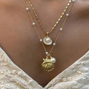 Mode Boho Gold Farbe Marine Shell Seestern Anhänger Perle Kette Multi-schicht Falten Tragen (2 Stück)
