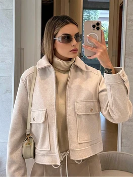 SLTNX Damen-Jacke mit Reißverschluss, neuer Wintermantel mit langen Ärmeln und Taschen, kurzer, eleganter
