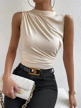 Mode Lässig Mock Neck Geraffte Tank Top für Frauen Sommer 2024, Einfarbig Plissee Ärmelloses T-shirt