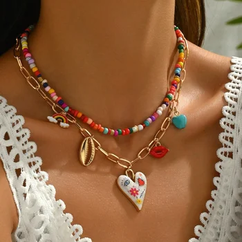 Bohemian Multilayer Handgemachte Perlen Kette Mode Halsketten Quasten Bunte Liebe Öl Tropfen Anhänger Schmuck