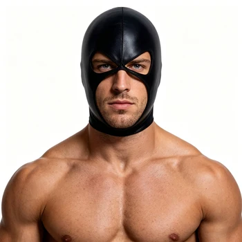 Cosplay Kapuzenmaske aus Kunstleder für Herren, Wet-Look Schwarz mit 3 Löchern, Gesichtsbedeckung für CS