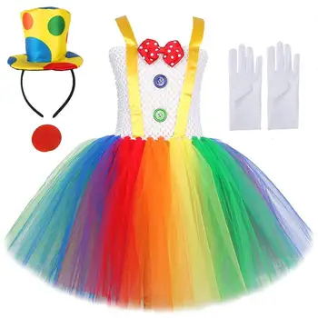 Regenbogen Zirkus Clown Kostüm für Mädchen Lustiges Joker Halloween Tutu Kleid für Kinder Geburtstag Karneval