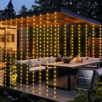 Solar Vorhang Licht LED Outdoor Wasserdicht 300 leds Girlande Dekoration Lichterketten Hof Fee Girlande