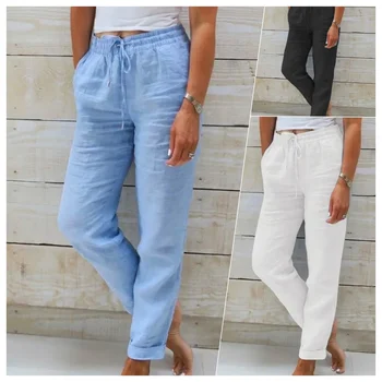 Baumwoll-Leinen Sommerhosen für Damen Hochgeschnittene Elastische Freizeithosen Streetwear Einfarbige