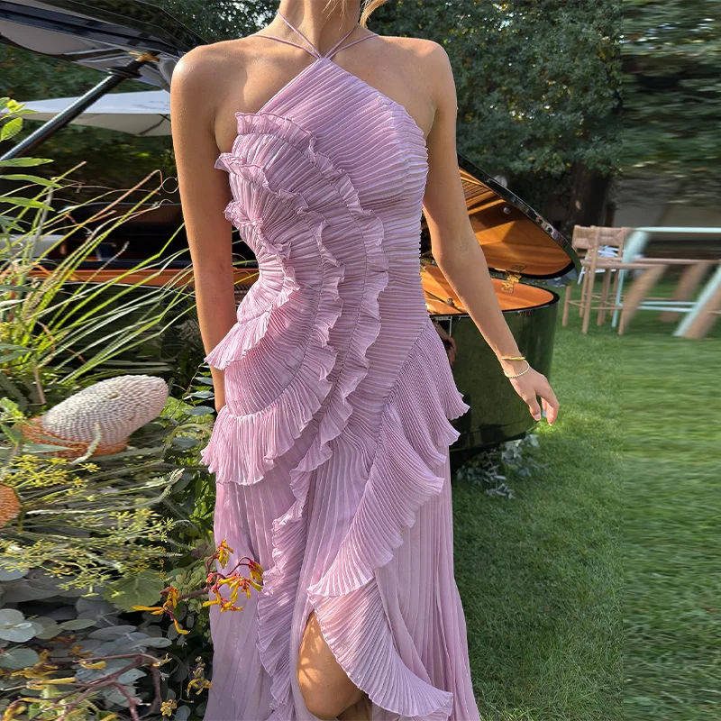 Sommer temperament plissiert neckholder lange urlaub kleid – Bild 2