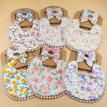 Blume Drucken Baumwolle Leinen Baby Junge Mädchen Lätzchen Elastische Nylon Stirnband Doppel-Deck (3 Stück)