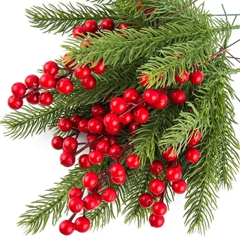 Weihnachtsdekoration, künstliche Tannenzweige, Stechpalmen, Beeren, rote Beerenzweige (10 Stück)
