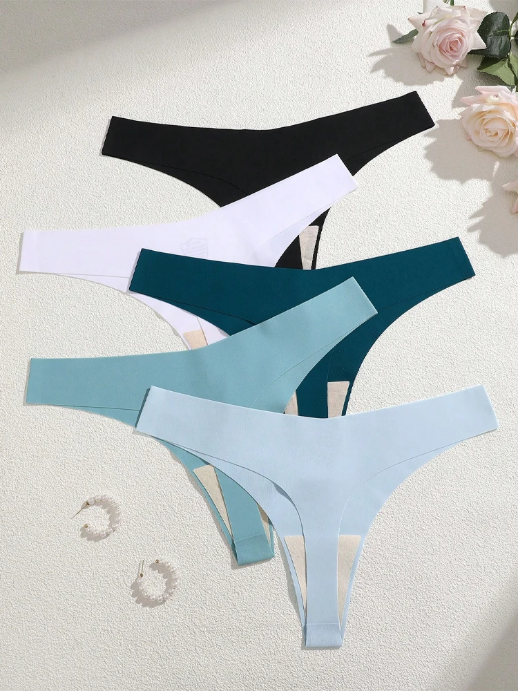 5Pcs Eis Seide Nahtlose Tangas frauen V-Taille Einfarbig – Bild 3