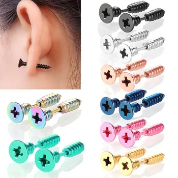 1 paar Punk Mode Gold Schwarz Bunte Edelstahl Nagel Schraube Stud Ohrring für Frauen Männer Helix Ohr Körper
