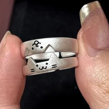 2er-Set Kawaii Katzen- und Hunde-Paarringe für Damen und Herren - Modische, größenverstellbare Liebhaberringe