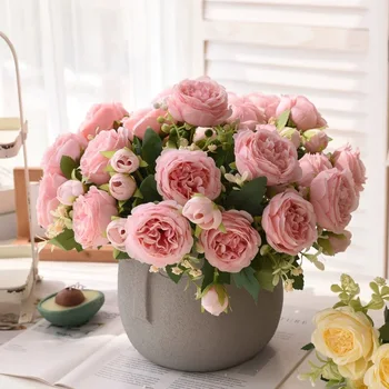 30cm Rose rosa Seide Bouquet Pfingstrose künstliche Blume 5 großen Kopf 4 kleine Knospe Braut Hochzeit Home