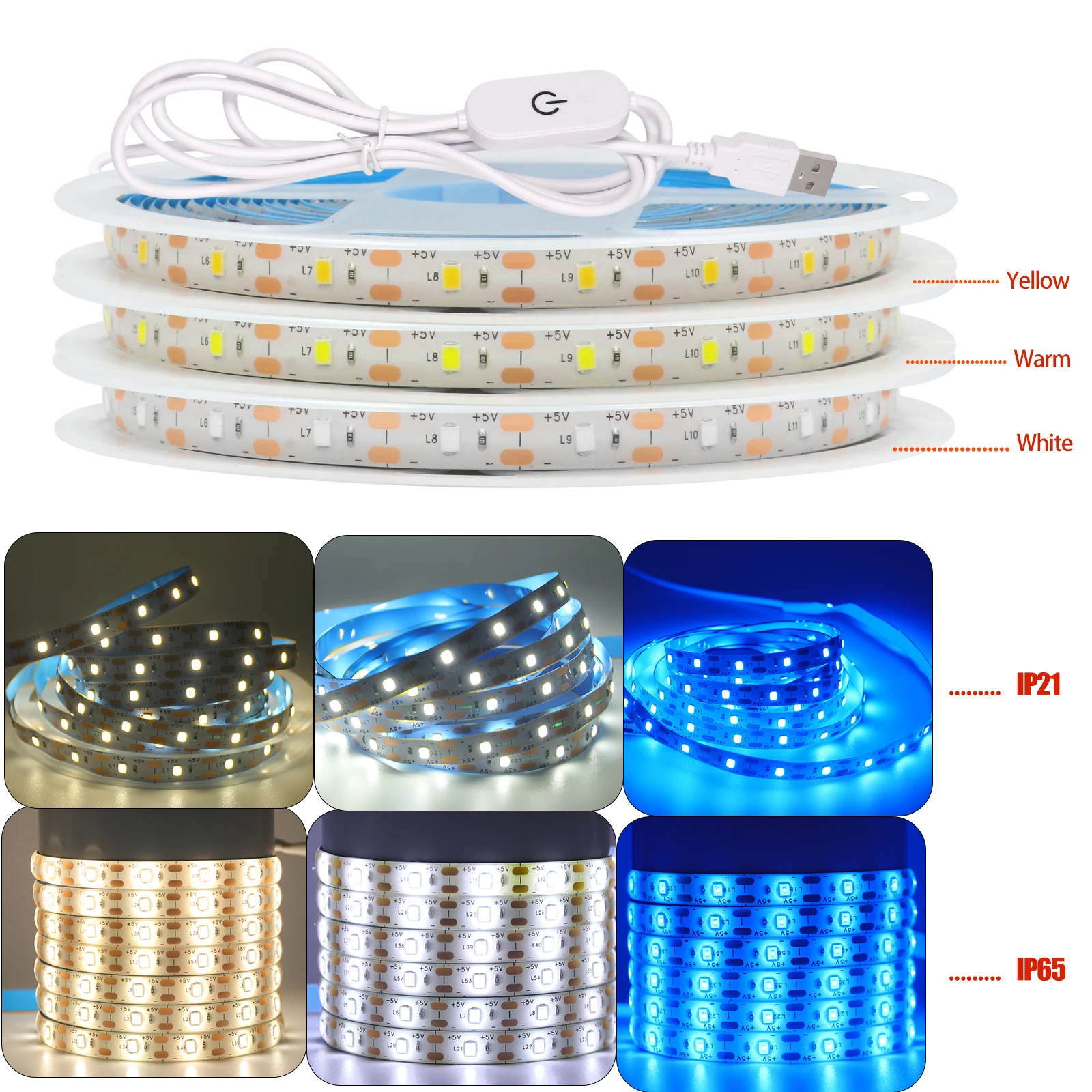 5 V LED-Streifenlicht, USB-Dimmer/Schalter, weiß, warm, blau – Bild 6