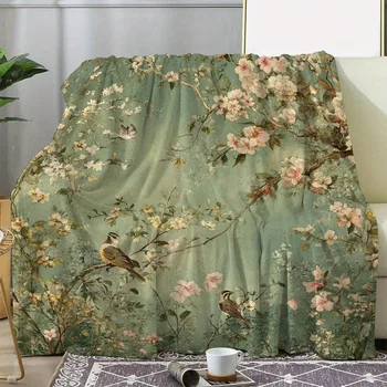 Vintage Blumen-Vogel-Flanelldecke, Grüner Botanischer Druck Weiche Wohndecke, Naturinspirierte Heimdekoration