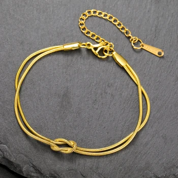 Cazador Goldfarbenes Liebesknoten-Doppel-Schlangenketten-Armband aus Edelstahl, Trendige Armbänder für Damen