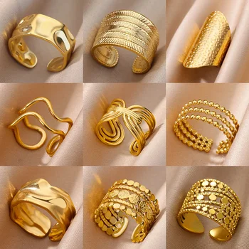 Edelstahl Chunky Breite Ringe Für Frauen Vintage Gold Farbe Geometrische Open Finger Ring Mode