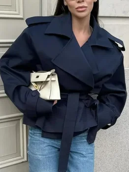 Damen-Windbreaker mit Schnürung, schickes Reverskragen, lange Ärmel, breite Schulter, kurze Mäntel, 2025