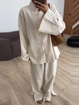 Lässiges Damen-Leinen-Zweiteiler-Set mit Froschknöpfen, Stehkragen-Oberteil, Weite Hose, Locker Sitzender