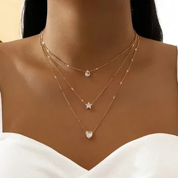 Multilayer Anhänger Halskette auf Hals Kette Frauen Kristall Zirkon Herz Stern Charme Layered Halskette