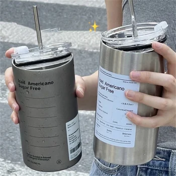600 ml Thermoskanne, tragbare Edelstahl-Kaffeetasse, Thermosflasche mit Strohhalm, isoliertes Trinkgeschirr