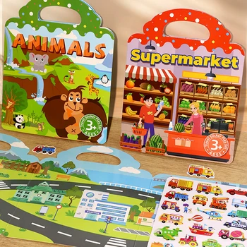 1 Buch Jelly Stickerbuch, ruhiges Buch, DIY-Spaß für Kinderszenenaufkleber, wiederholt einfügen