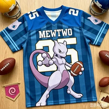 Sommer-Pokémon-Mewtwo-25-Fußballtrikot, Y2K Blau Karierter Druck, Familien-Matching-Outfit, Atmungsaktive