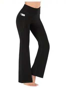 Schlaghose für Damen mit Taschen, Yogahose mit ausgestellten Beinen, hohe Taille, Fitness, lässige
