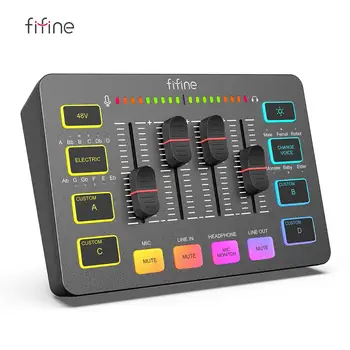 FIFINE USB-Gaming-Mixer mit XLR-Mikrofon-Schnittstelle, 48 V Phantomspeisung, RGB, Soundkarte für Podcasting