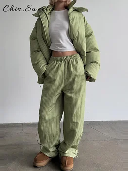 Modisches Damen-Streifen-Baumwoll-Set mit Wattierter Jacke und Hose, Locker Geschnittene Jacke mit Kapuze
