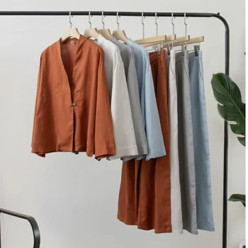 Damen Leinen Zweiteiler Set Kimono Wickeloberteil & Weite Hose Karamell Locker Sitzende Loungewear