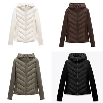 ETJ Elegante Modische Patchwork-Baumwolljacke mit Stehkragen und Kapuze für Damen, Sportmantel 8073227