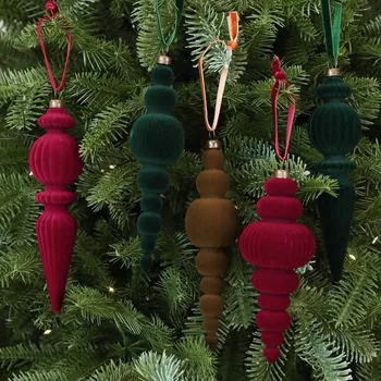 Set aus einfarbigen, beflockten Weihnachtskugeln in Vintage-Kegelform aus Samt, bruchsicher (9 Stück)