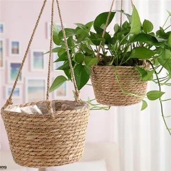Garten-Hängepflanzgefäß Makramee Pflanzkorb Jute-Seil Gewebter Innen- und Außen-Blumentopfhalter