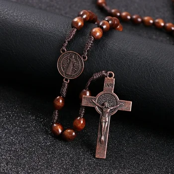 Christus Jesus Holzperlen 8mm Rosenkranz Perle Kreuz Auto Anhänger gewebtes Seil Kette Halskette religiöser